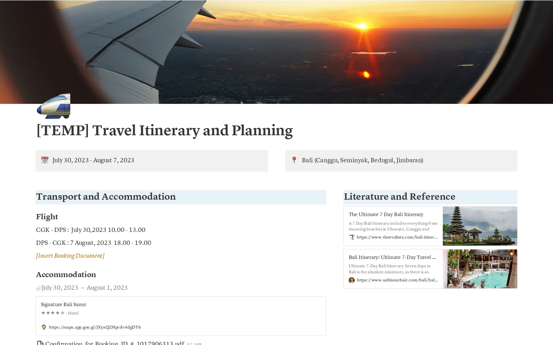 Screenshot of Top 10 Free Itinerary Templates collection by Notion